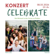 Ein Konzert, 2 Bands. Die WelCombo links vor dem Hamburger Hafen mit der Elbphilharmonie im Hintergrund, 8 diverse Musiker*innen. Rechts: Rodovid, 6 weiblich gelesene Menschen in Ukrainischen Trachten in einem Birkenwald