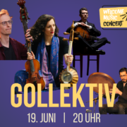 Plakat, zu sehen sind die Musiker*innen von der Band Gollektiv mit ihren Instrumenten. Es sind: Asal Karimi: Geige und Kamancheh David Mohr: Gitarre und Gesang Timon Krämer: E-Bass Babak Babarabie: Perkussion