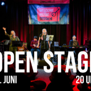 Ein Plakat, 11. Juni, 20 Uhr, offene Bühne. Man sieht musizierende Menschen vor dem Banner der Welcome Music Session
