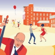 Eine Grafik: Die backsteingebäude des Museums der Arbeit umrahmen eine sandfarbene Fläche. Im Vordergrund ein Kontrabassspieler, links von ihm -angeschnitten- ein Trompetenspieler, rechts von ihm - angescnitten -ein Saxophonspieler. Über ihm ein tanzendes Paar. Im Hintergrund spielende Kinder, eins hält einen roten Luftballon, eins fährt Roller. Die gesamte Grafik inst in orangen und gelben Tönen gehalten,