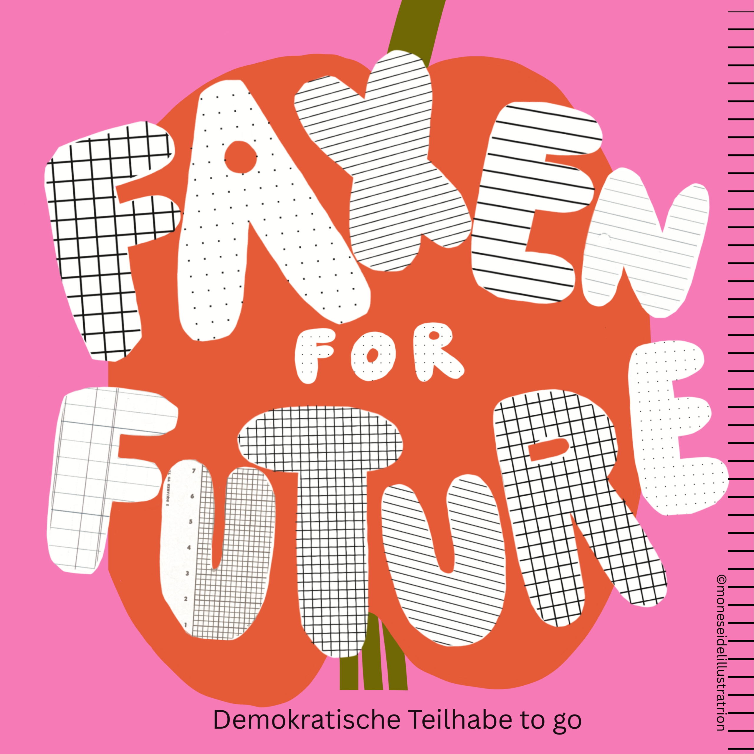 Grafik: Ein rosa Quadrat auf dem eine roter Apfel ist. Auf dem Apfel, in weißen, abgerundeten Lettern "Faxen For Future"
