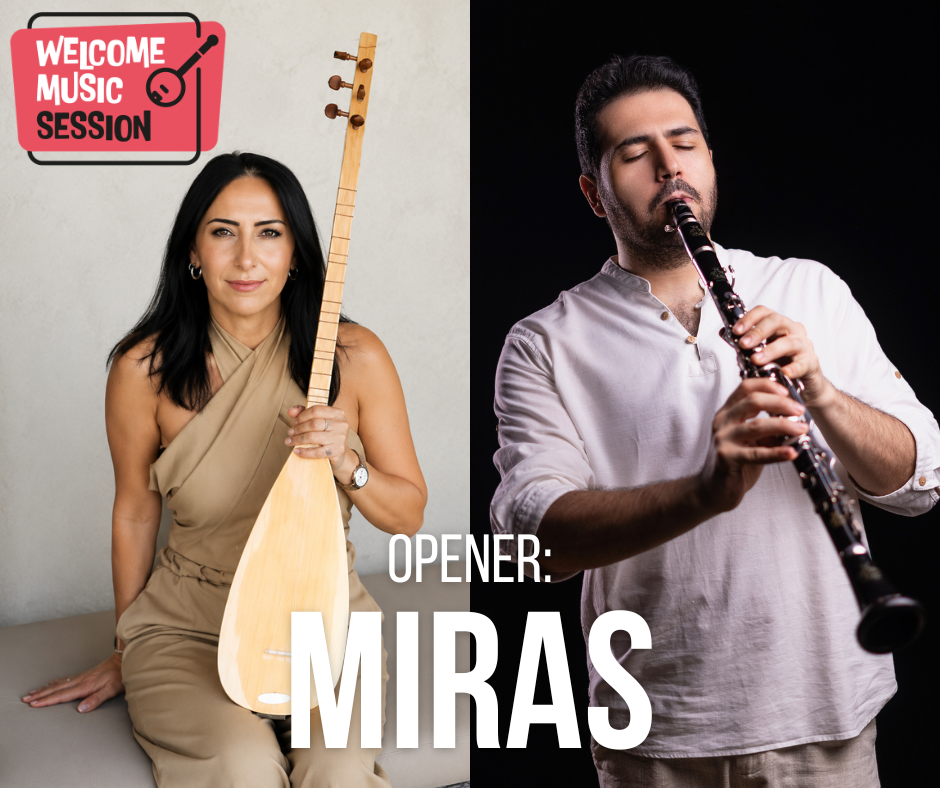 Das Duo Miras: Links die Musikerin Seval Kubat mit der Bağlama, eines der bedeutendsten Saiteninstrumente der anatolischen Musiktradition. Rechts: Der iranische Komponist und Multiinstrumentalist Saeid Karami mit einer Art Klarinette-
