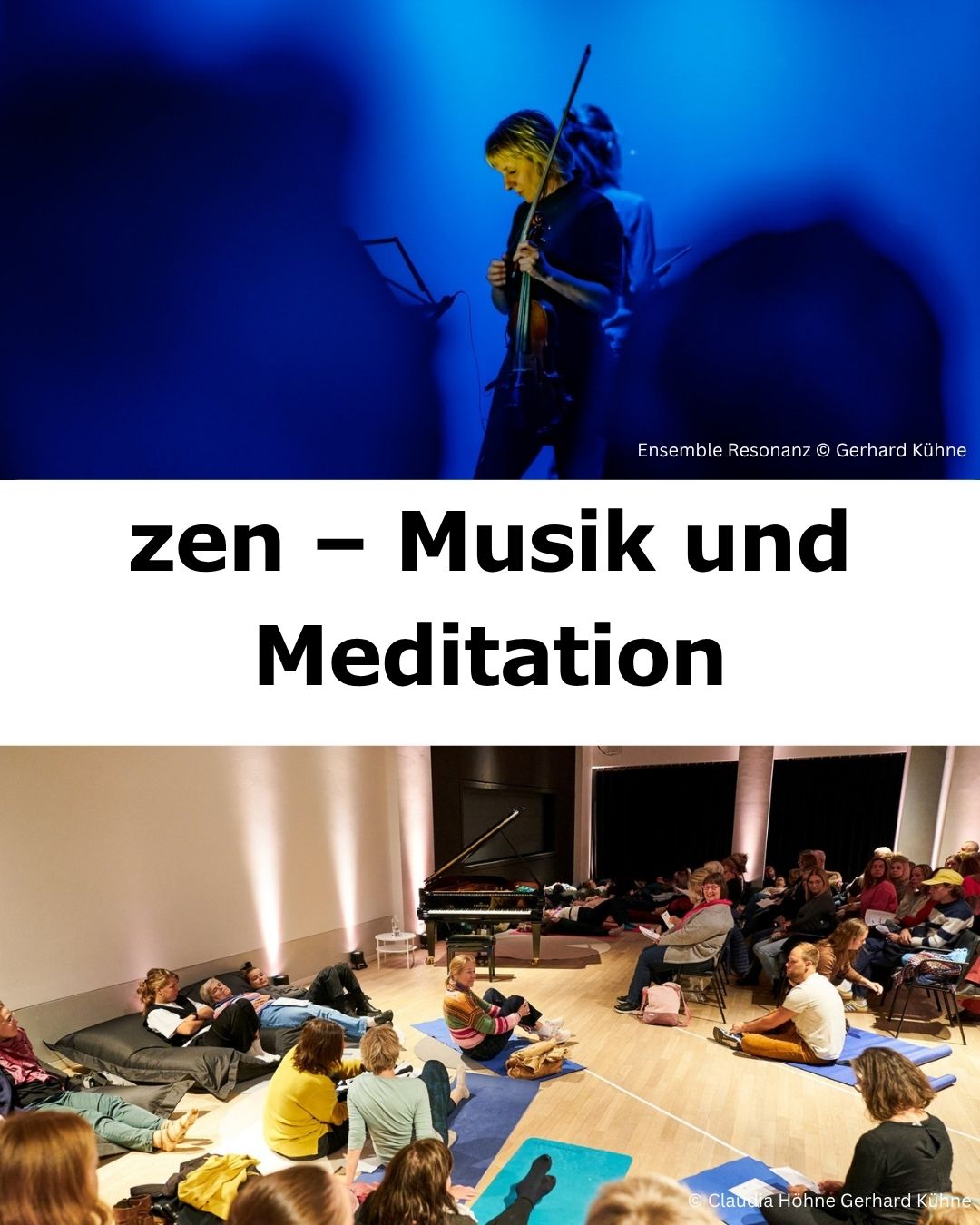 Ein Bild: Im oberen Drittel sieht man eine Geigerin des Ensemble Resonanz in dunkelblaues Licht getaucht, dann kommt der Veranstaltungsname und im untern Drittel sieht man diverse Menschen, einige liegen oder sitzten auf Yogamatten, andere auf Stühlen.