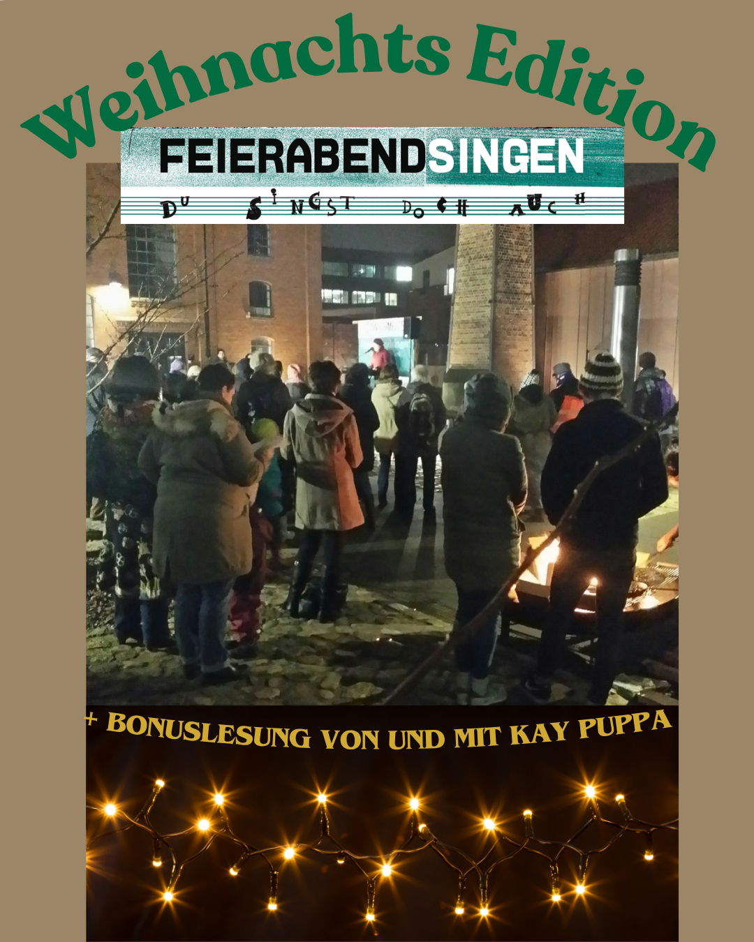 Viele, diverse Menschen stehen auf einem Kopfsteinpflaster-Hof. Abends, ein Lagerfeuer brennt, es wird gesungen